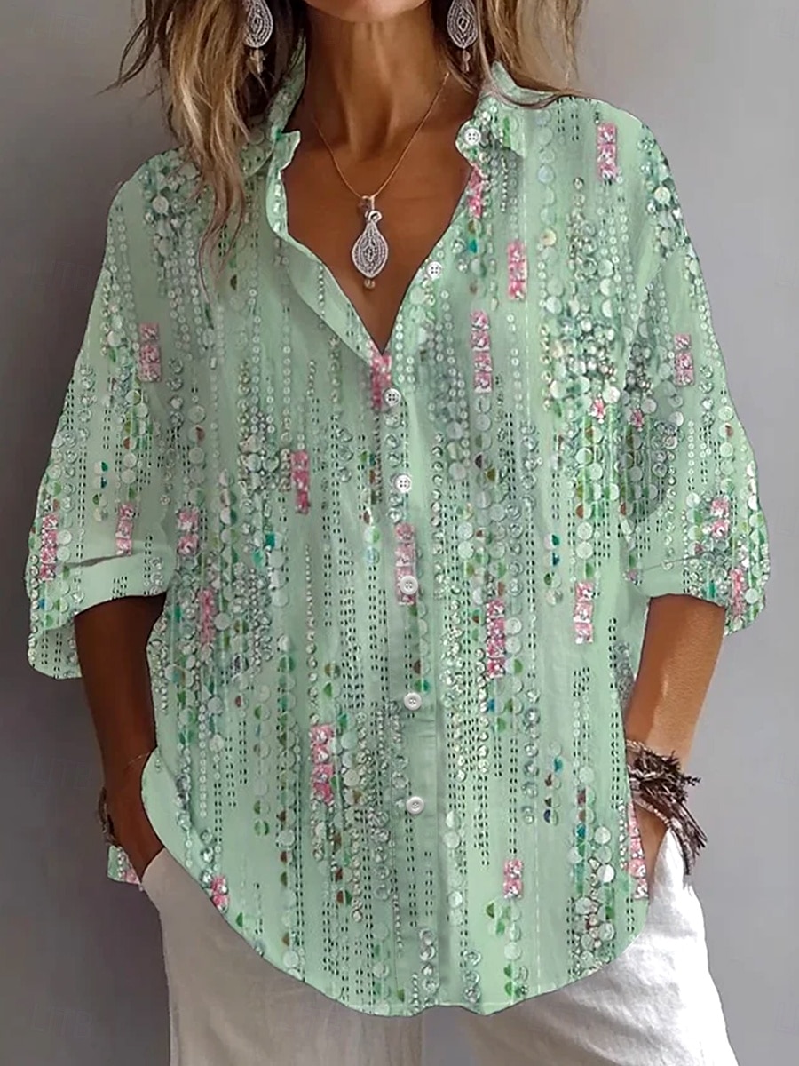 Dame Skjorte Bluse Grafisk Abstrakt Bohem Daglig Stilfull Langermet Skjortekrage Vanlige topper Daglig Ferie Ut på byen Knapper Lysegrønn Rosa Lys Lilla Lyseblå Sommer Vår 2025 - $32.99 –P1