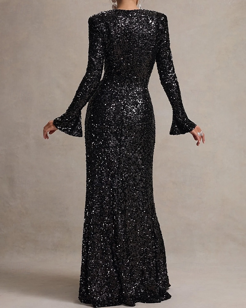 Robe de soirée sirène  trompette paillettes extensibles élégante robe de mariage formelle longueur sol manches longues encolure carrée étincelante avec volants et fente de 2025 ? $145.99 –P5