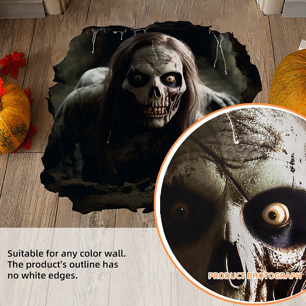 halloweenská podlaha &Samolepka na zeď 3D průlomový design kostry s dlouhými vlasy, strašidelná samolepicí dekorace na zeď a podlahu pro atmosféru halloweenské párty 2025 - $6.99 –P3