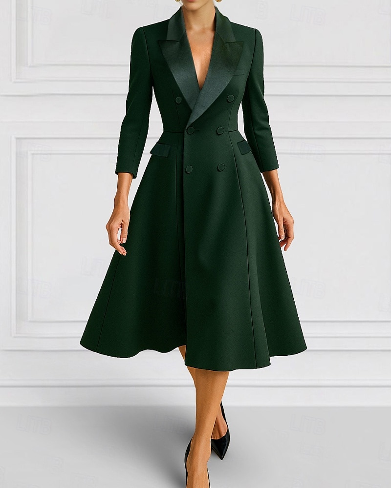 A-Line Blazer Dress Mother of the Bride Dress Tuxedo Dress Elegant Simple Minimalist V Neck Peak Lapel Tea Length Midi Length Flap Pockets Stretch Crepe 3/4 Length Sleeve with Covered Buttons 2025 - $137.99 –P6