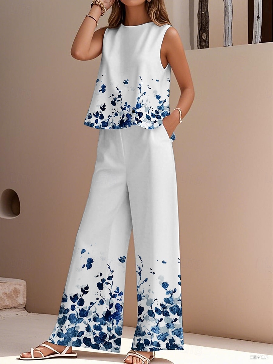 Per donna Set di Pantaloni Senza Maniche Girocollo Floreale Stampato Attivo Moda Quotidiano Vacanza Ferie Bianco Blu Reale Blu Estate Vestibilità regolare del 2026 a $42.99 –P3