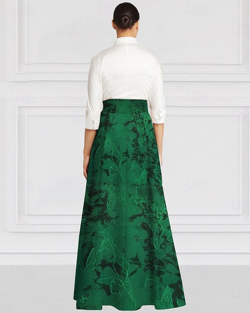 Grün Schwarz und Weiß A-Linie Brautmutter Kleid Elegantes Vintage Hemdkragen Bodenlang Stretchstoff Langarm mit 2025 - $139.99 –P2