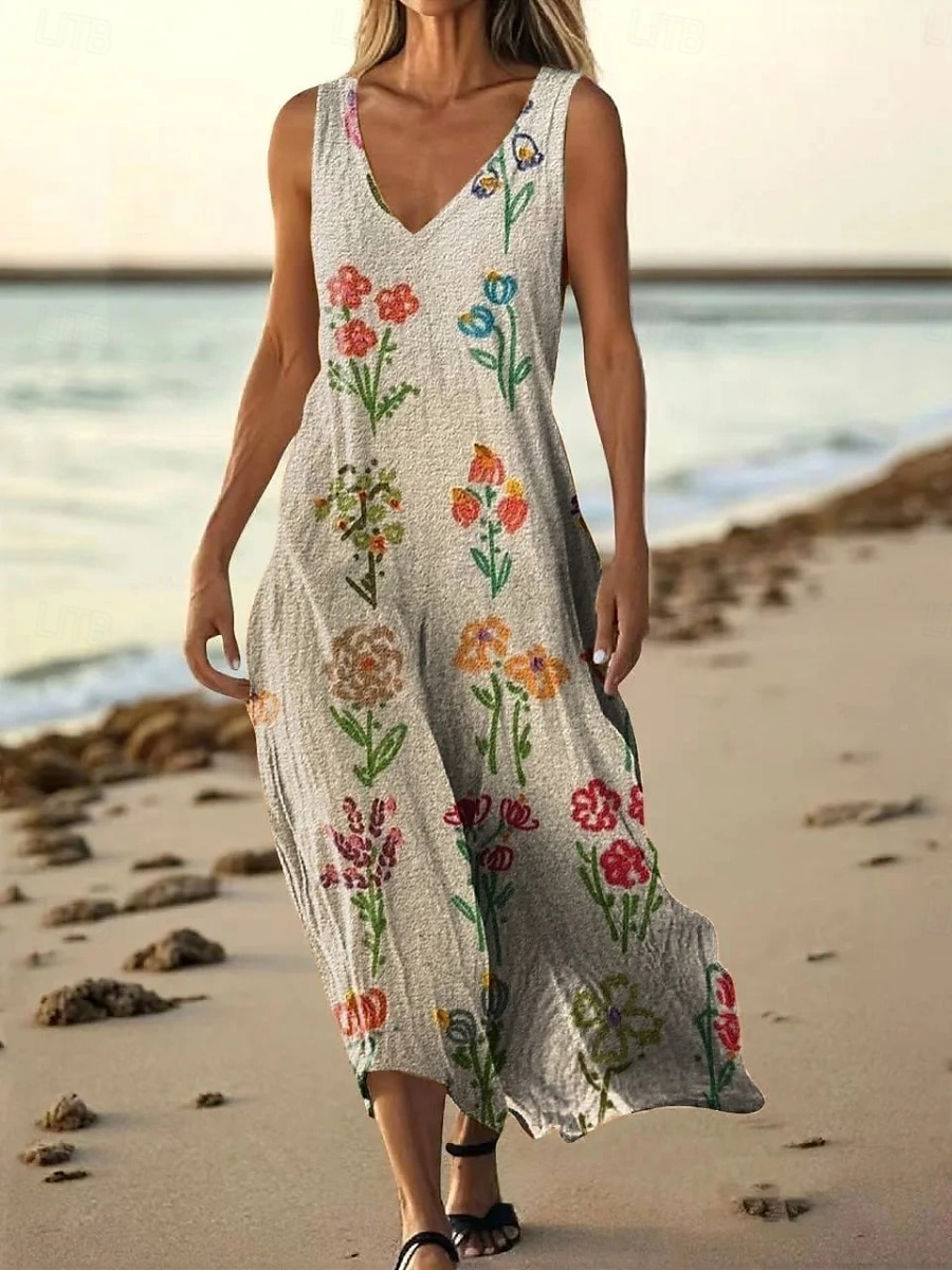 Femmes Robe Longue Maxi Robe Robe Décontractée Robe débardeur Robe d'été ancien africain Quotidien Fête Plage Coupe régulière Fleuri Sans manches Col en V Jaune Bleu Orange Gris Clair Été de 2025 ? $20.99 –P5