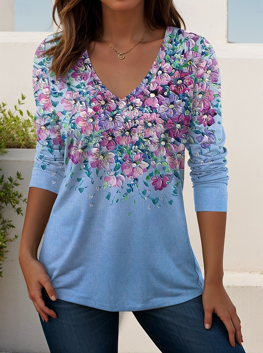 Femmes T-shirt Fleuri Graphique Plantes ancien Élégant Classique manche longue Col en V Hauts Réguliers Quotidien Sortir Week-end Imprimé Vert Claire Bleu Bleu Ciel Violet Vert Printemps Automne de 2025 ? $22.99 –P4