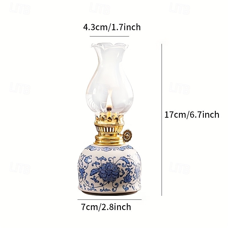 una lampada a combustibile da campeggio regolabile per esterni, una lampada a olio per uso domestico, una lampada a olio floreale in ceramica blu e bianca per interni, una lampada a cherosene con del 2025 a $68.99 –P6