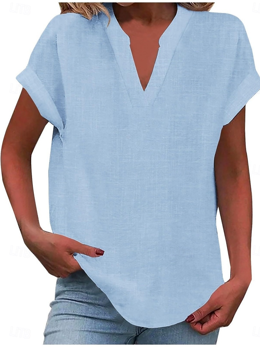 Women's Shirt Solid Color Stylish Casual Short Sleeve V Neck Regular Tops Daily Black White Blue Apricot Summer Spring 2025 - $9.99 –P1