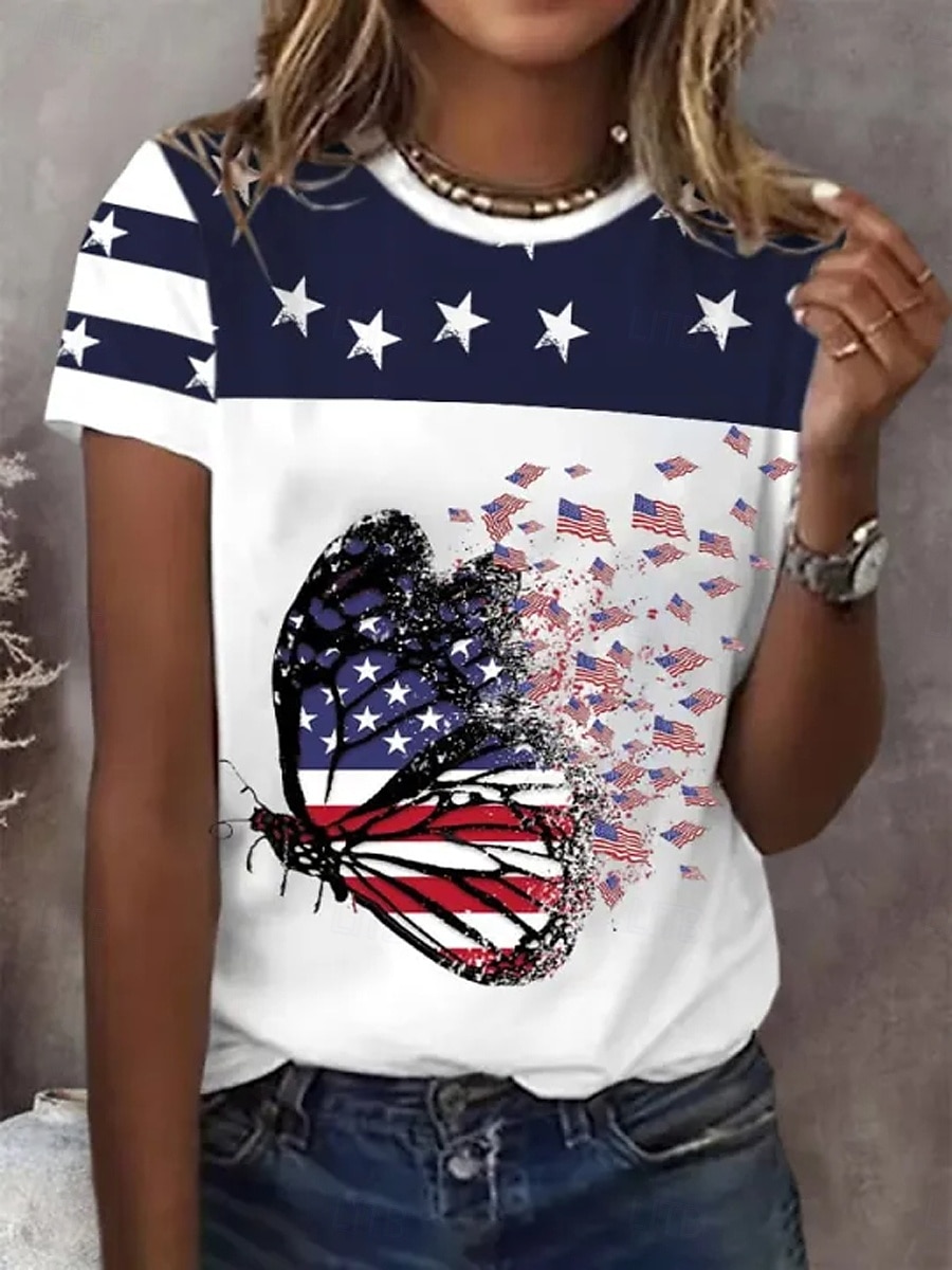 Independence Day Women's Patriotic Fourth of July T Shirt Graphic Flag Vintage Stylish Casual Short Sleeve Crew Neck Round Neck Regular Tops Daily Print Navy Blue Blue Summer Spring 2025 - $19.99 –P2