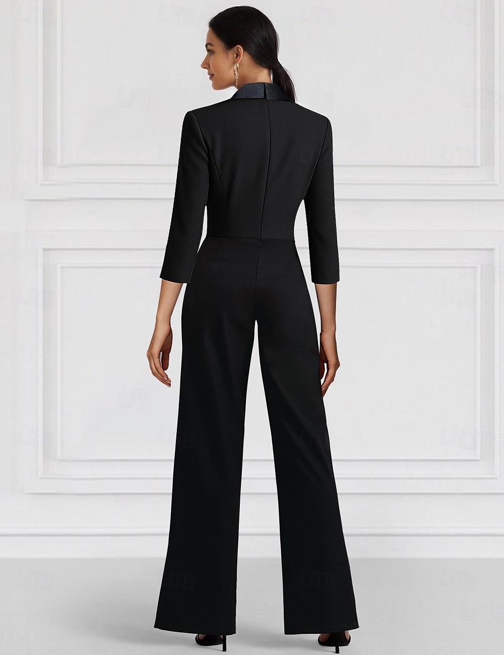 Zwarte Blazer Jumpsuit Moeder van de Bruid Bruiloft Gast Elegante Minimalistische Revers Vloerlengte Rekbare Stof Lange Mouwen met Knopen Effen Kleur 2025 - $147.99 –P2