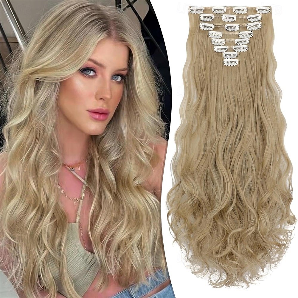 Extensions de cheveux à clipser 24 pouces 8 pièces mélange noir naturel gris argenté extensions de cheveux synthétiques longs ondulés extensions à clips épais double trame pour femmes de 2025 ? $26.99 –P5