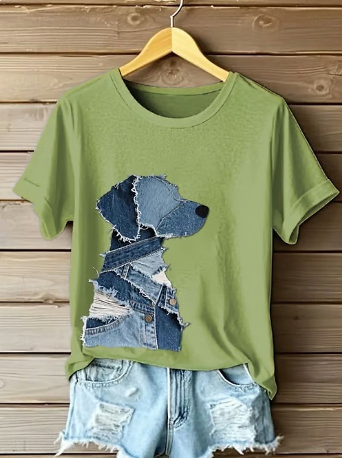 Dame T skjorte Grafisk Dyr Hund Årgang Stilfull Klassisk Kortermet Crew-hals Vanlige topper Daglig Helg Trykt mønster Svart Hvit Rosa Blå Grønn Sommer Vår 2025 - $19.99 –P6