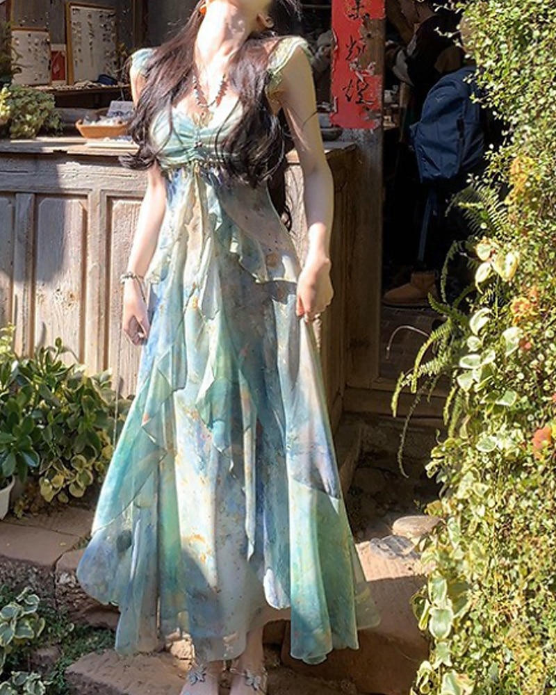 Dames Lange jurk maxi-jurk Jurk met print Modern Vakantie Feestdagen Teaparty Normale pasvorm Bloem Mouwloos V-hals Groen Zomer 2025 - $31.99 –P9