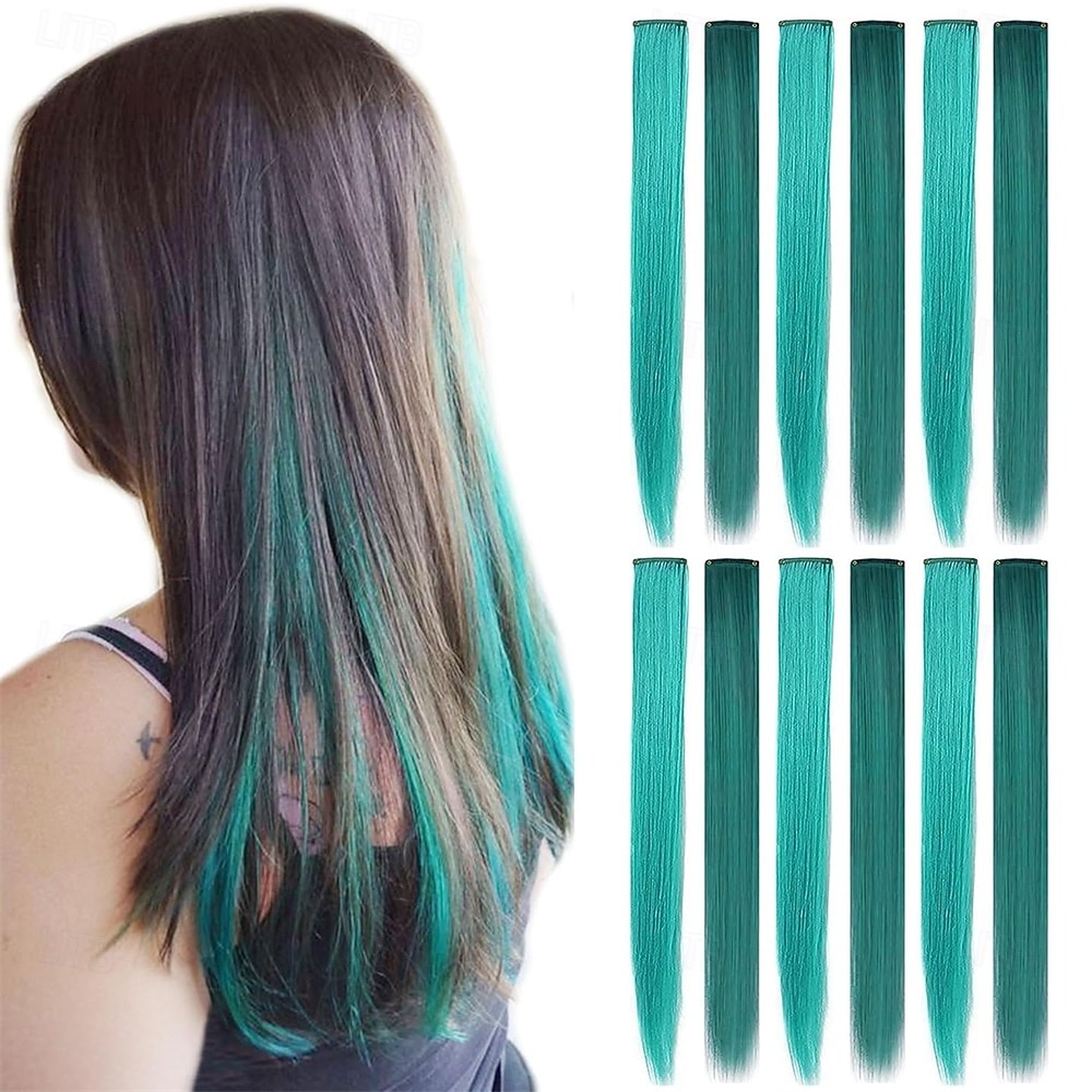 Extensiones de cabello sintético liso con clip de 21 pulgadas, resistentes al calor, para mujeres y niñas, con reflejos de fiesta multicolores, 12 unidades 2025 - $20.99 –P5