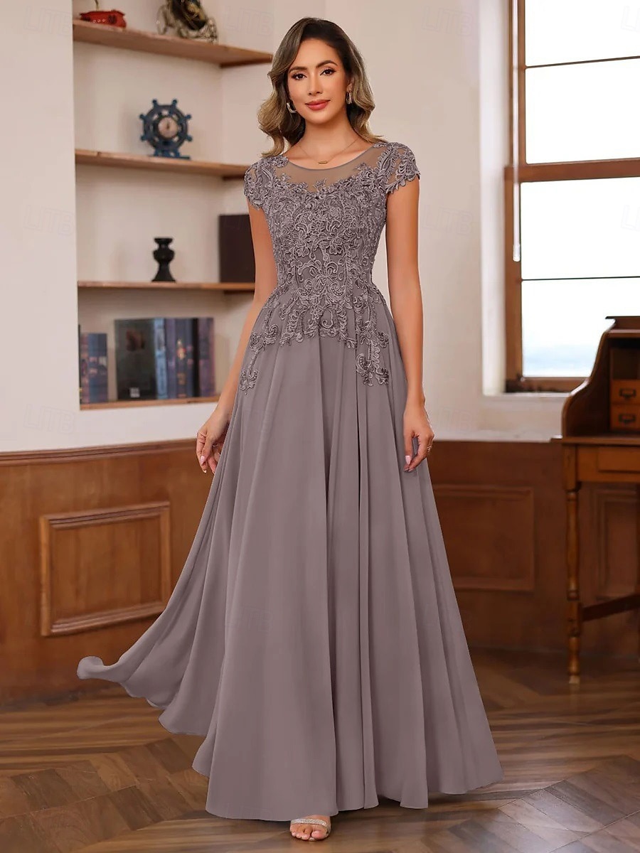 Blue Red A-Line Mother of the Bride Dress Elegant Luxurious Boat Neck Floor Length Chiffon Lace Short Sleeve with Tier Cascading Ruffles 2025 2025 - $139.99 –P9