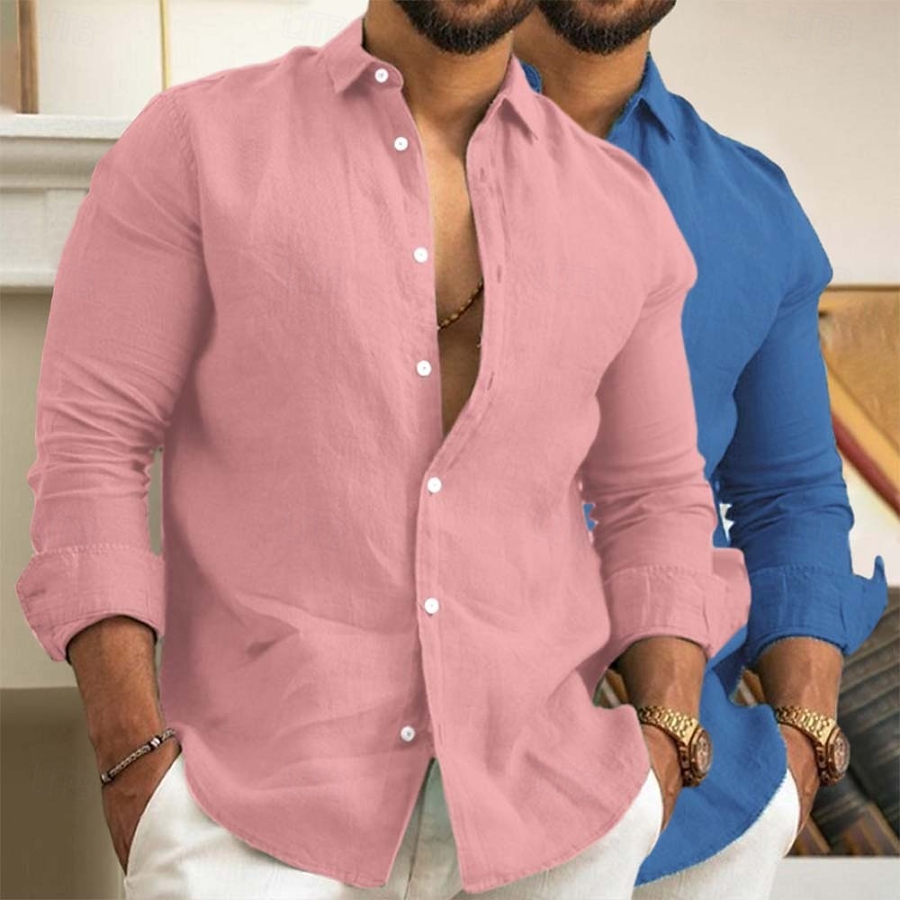 Men's Linen Shirt Summer Shirt Beach Wear Casual Shirt Button Up Shirt Plain Vacation Daily White+Green Green+Khaki Gray+Khaki Pink+Navy Blue Long Sleeve Lapel Summer Spring Clothing Apparel 2025 - $29.99 –P4