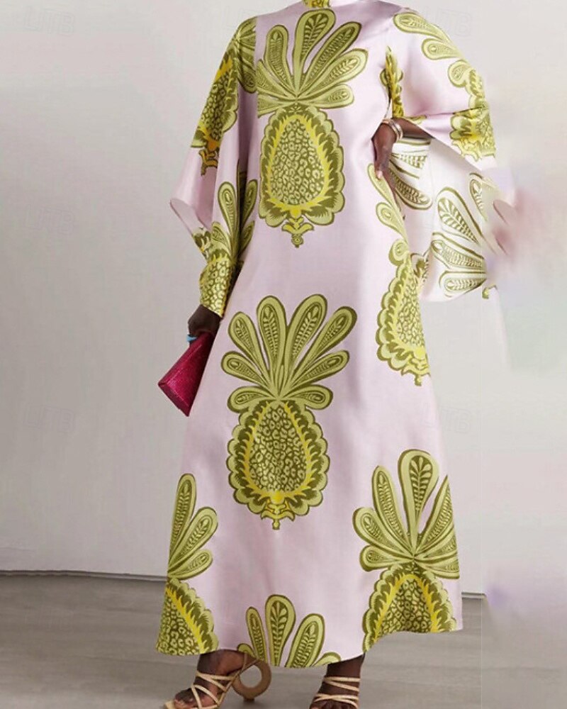 Dame Lang kjole Maxikjole Swingkjole Print kjole Klassisk Moderne utendørs Ut på byen Normal Blomsternål i krystall Langermet V-hals Svart Hvit Rosa Mørkeblå Høst 2025 - $30.99 –P2