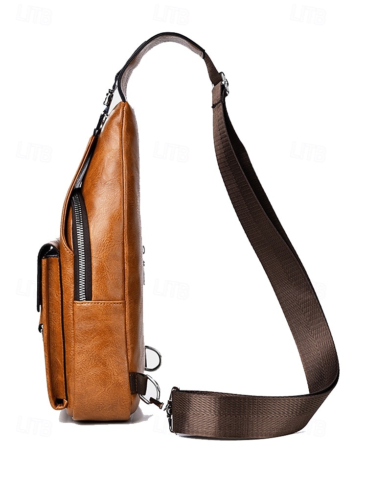 Ανδρική καφέ τσάντα χιαστί από τεχνητό δέρμα - αδιάβροχη και ανθεκτική στις γρατσουνιές τσάντα στήθους με ρυθμιζόμενο ιμάντα ώμου για ταξίδια, εργασία ή καθημερινή χρήση σε πάρτι 2026 - $19.99 –P6