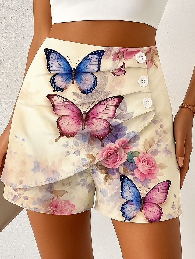 Mulheres chinês Calção Elegante Férias Vintage Curto Cintura Alta Gráfico Borboleta Abstrato Multi Camadas Secagem Rápida Confortável Respirável Micro-Elástica Diário Ao ar livre Rua Azul Verde Bege de 2026 por kr.75 –P1