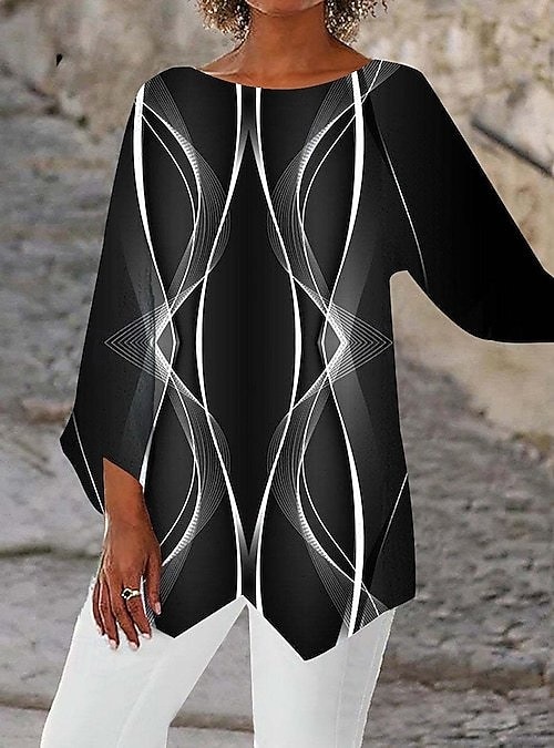 Mulheres Blusa Imprimir Barra Assimétrica Borboleta Imprimir Diário à moda Manga Longa Gola Redonda Tops regulares Diário Feriado Prata Preto e cinza Preto Verão Primavera de 2026 por $25.99 –P2