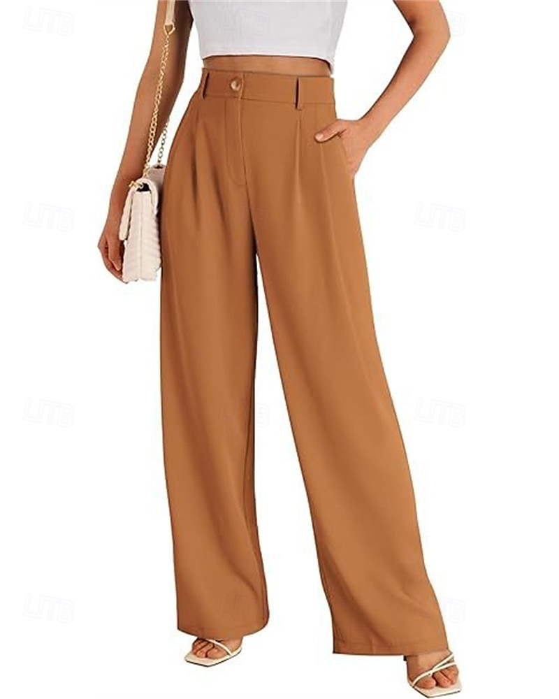 Dam Brett skaft Byxor Streetwear Ledigt Fullängd Hög midja Ensfärgat Ficka Mateial som andas Mjuk Microelastisk Semester Gata Dagliga kläder Svart Röd Brun Kaki Vår Höst Normal 2025 - $19.99 –P12