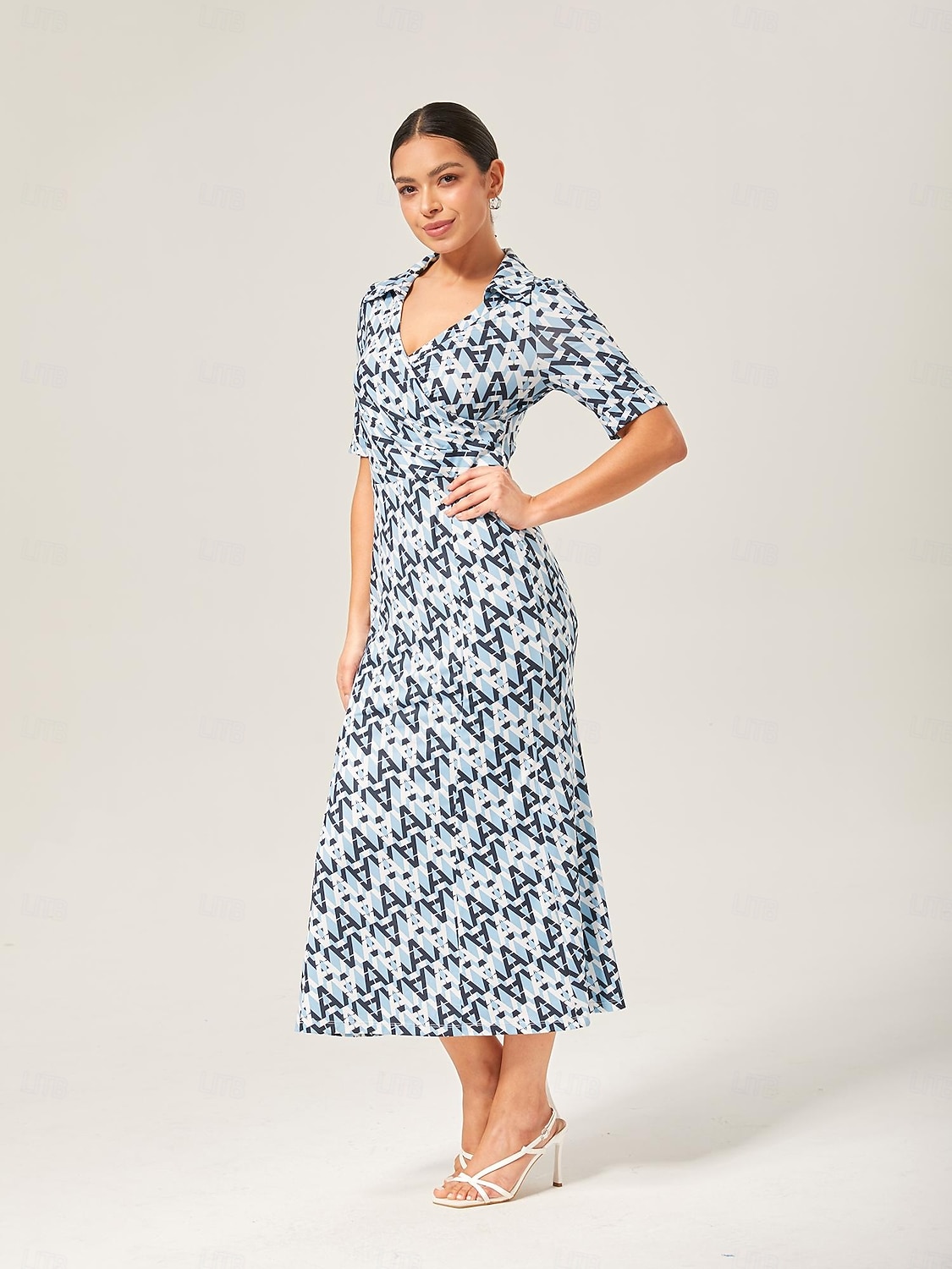 Per donna Femminile Vestito Casual Abito Midi Eco Green sabbia calda Blu Manica Corta Geometrico Estate Scollo a V Stampa XS S M del 2025 a $64.99 –P4