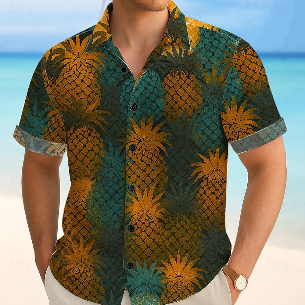 Herren Frucht Ananas Tropisch Sommer Hawaiihemd Knopfhemd Alohahemd Kurzarm Hawaiianisch Urlaub Strandbekleidung Sommer Frühling Umlegekragen 3D-Druck Hemden mit Kragen Hellkaki Blau Dunkelgrün 2025 - $23.99 –P4
