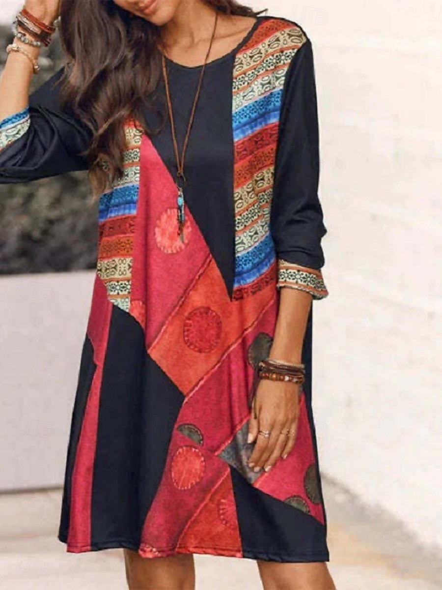 Damen Minikleid A Linie Kleid Lässig Boho Täglich Lässiger Schnitt Geometrisch Farbblock Langarm Rundhalsausschnitt Rote Sommer 2025 - $20.99 –P1