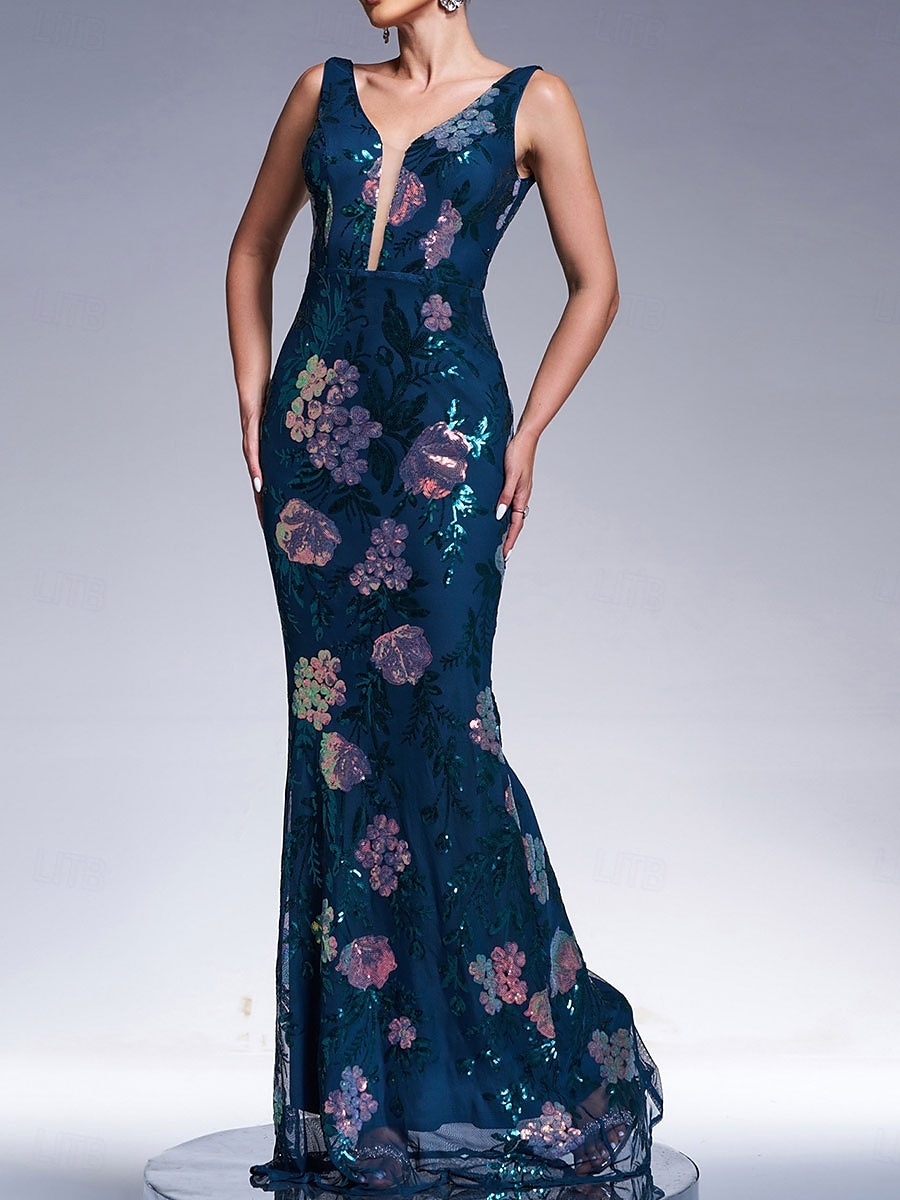 Mermaid / Trumpet Evening Gown Elegant Dress Formal Wedding Floor Length Sleeveless V Neck Lace with Sequin 2025 - $139.99 –P8