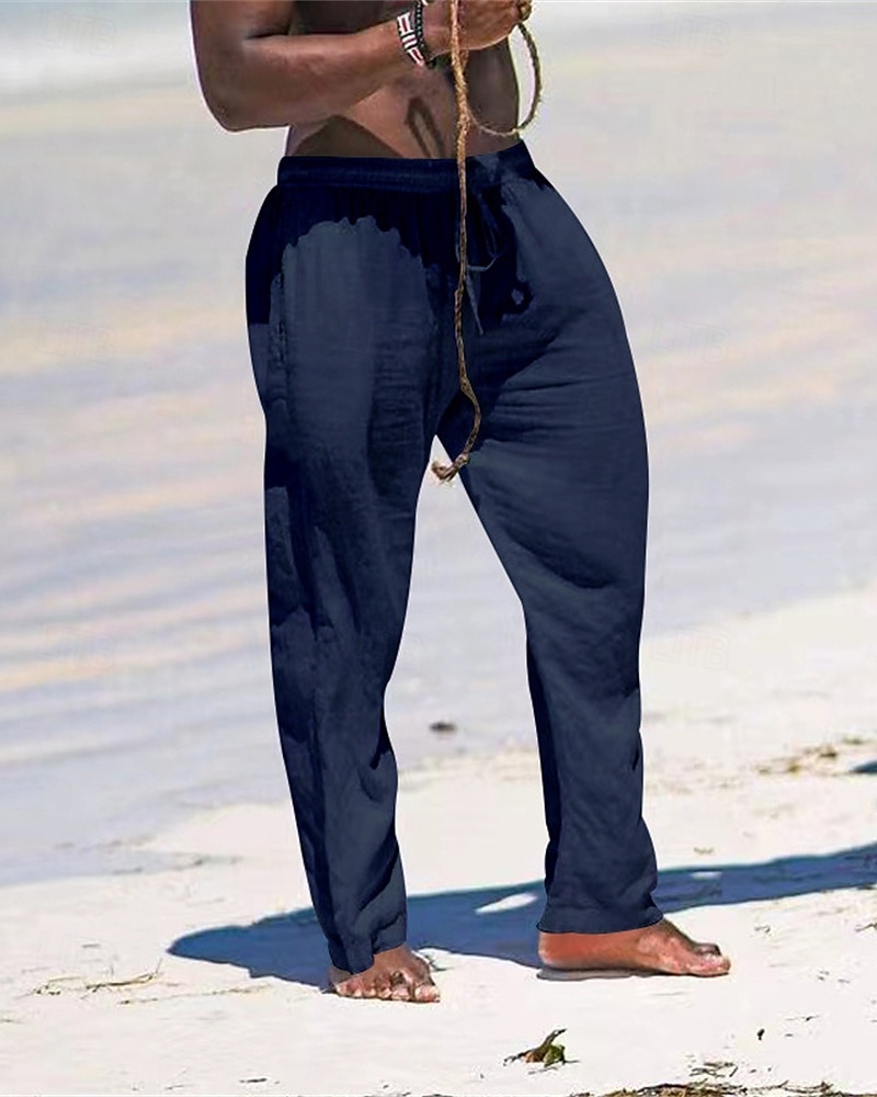 Herr Linne Byxor Långbyxor Sommarbyxor Strandbyxor Ficka Snörning Elastisk midja Slät Komfort Andningsfunktion Semester Dagligen Helgdag Hawaiisk Boho Svart Vit 2025 - $18.99 –P7