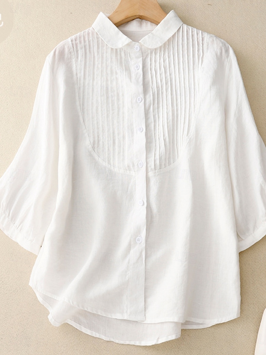 Per donna Camicie di cotone e lino Tinta unica Elegante Essenziale Casual Manica 3/4 Colletto a Camicia Top Regolari Quotidiano Bottoni Bianco Rosa Azzurro Estate del 2025 a $34.99 –P8