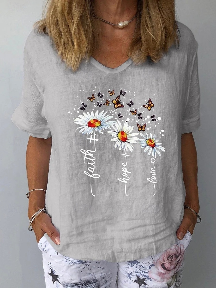 Femmes T-shirt Fleuri Graphique Plantes ancien Élégant Classique Manche Courte Col en V Hauts Réguliers Quotidien Week-end Imprimé Blanche Jaune bleu marine Bleu Gris Été de 2025 ? $19.99 –P4