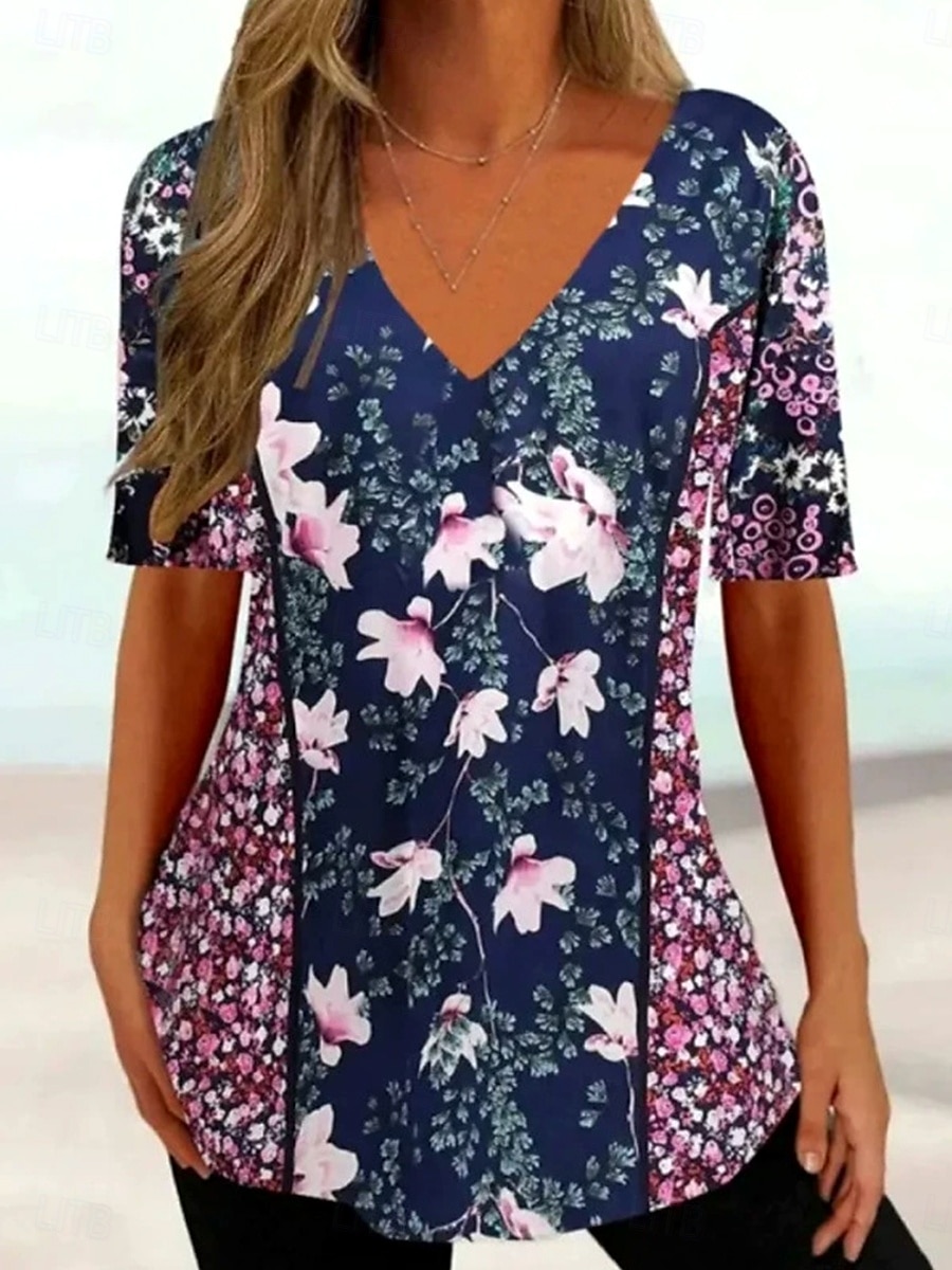 Dame T skjorte Nyanse Blomstret Grafisk Bohem Årgang Klassisk Kortermet V-hals Vanlige topper Daglig Ut på byen Helg Trykt mønster Svart og Hvit Navyblå Lilla Sommer Vår 2025 - $19.99 –P1