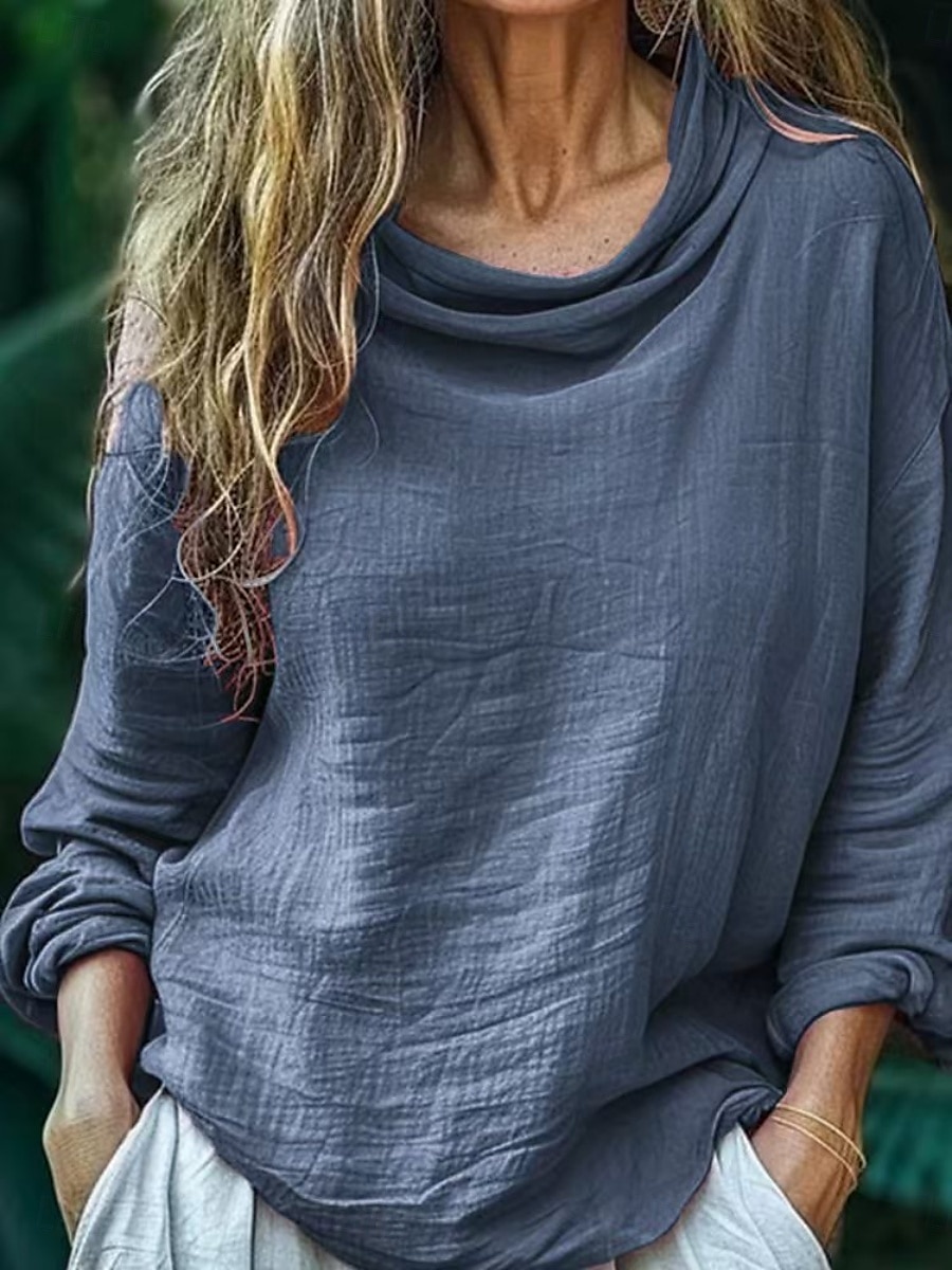 Dame Bluse Helfarge Daglig Fritid Langermet Cowl-hals Vanlige topper Daglig Drapering Svart Rosa Blå Fuksia Grå Sommer Vår 2025 - $21.99 –P2