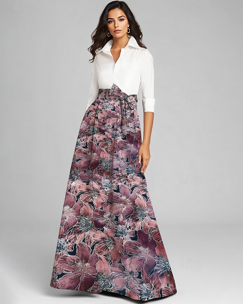 Robe Mère de la Mariée A-Line en brocart jacquard bleu Élégante Vintage Col chemise Longueur de sol Tissu extensible Manches longues avec nœud(s) Bloc de couleur de 2025 ? $149.99 –P5