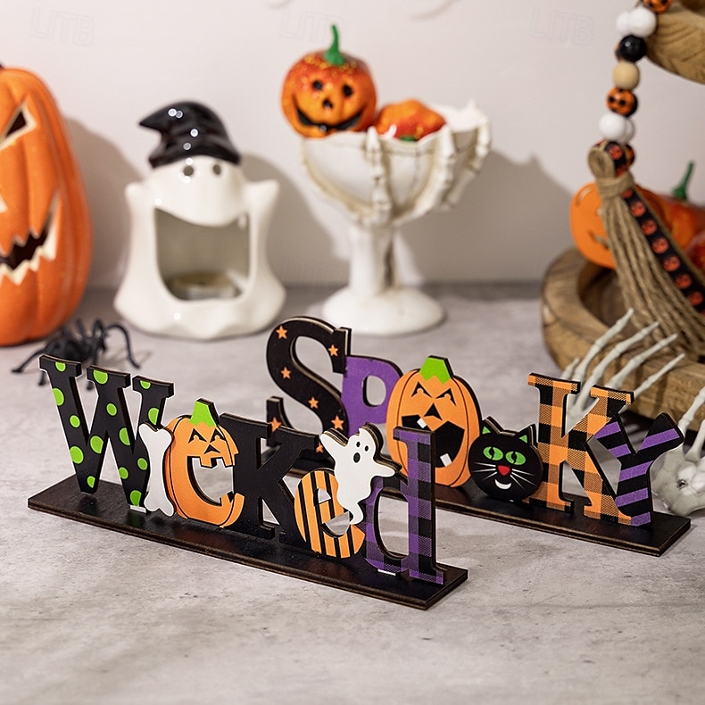 dekoracja na halloween z drewnianym środkiem, upiorny drewniany stojak na litery do ekspozycji na stole halloweenowym, dekoracja na imprezę w nawiedzonym domu DIY 2025 - $8.99 –P2