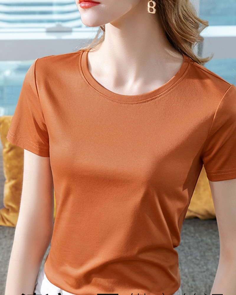 Per donna Maglietta Semplice Essenziale Moderno Manica Corta Girocollo Top Regolari Quotidiano Weekend Nero Bianco Viola Arancione Estate del 2025 a $24.99 –P4