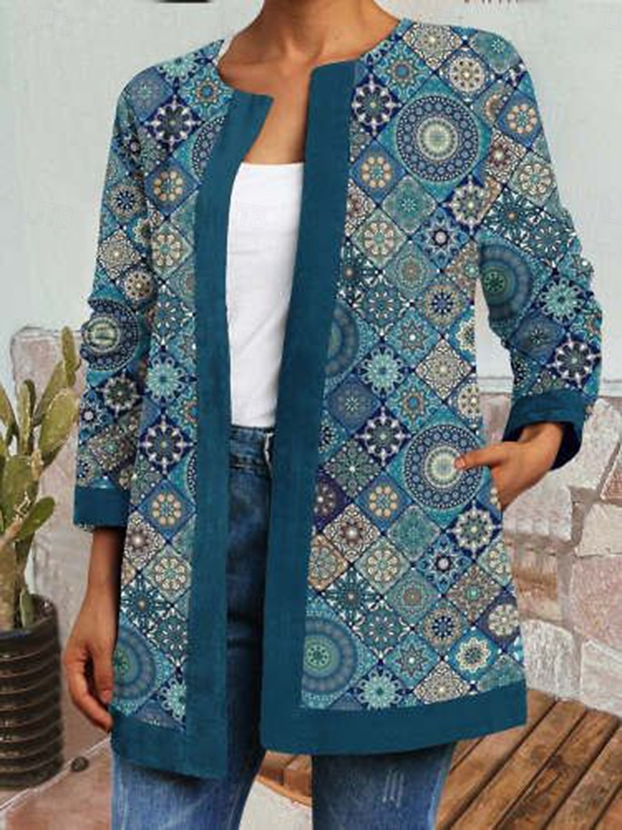 Women's Blazer Work Print Geometric Comfortable Elegant Regular Fit Outerwear Long Sleeve Fall Lake blue S 2025 - $27.99 –P1