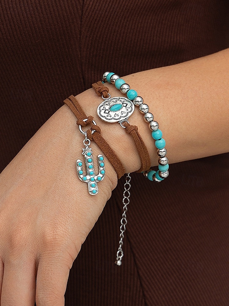 Brățară boho turcoaz pentru femei, cu pandantiv din piele și cactus, bijuterii vintage în stil western pentru ținute de festival cowgirl, petreceri și sărbători de vară 2025 - $9.99 –P1