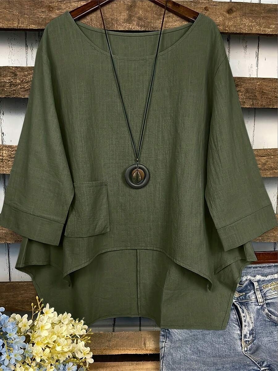 Women's Cotton Linen Blouse Solid Color Elegant Casual 3/4 Length Sleeve Crew Neck Boat Neck Regular Tops Daily Holiday Black White Navy Blue Green Summer Fall 2025 - $31.99 –P1