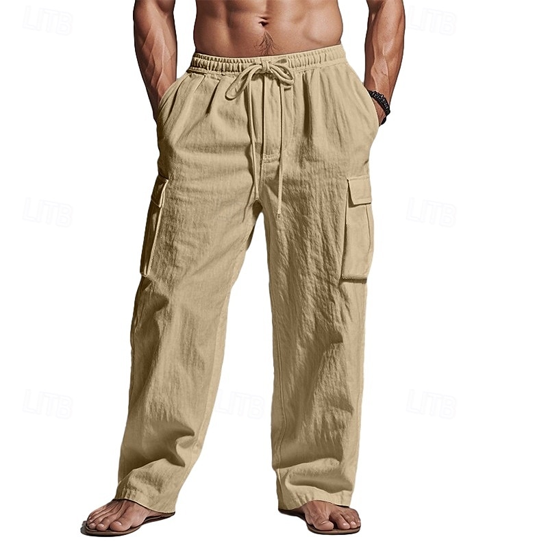 Homens Calças Cargo Calças de linho Calças Calça verão Calças de praia Com Cordão Cintura elástica Bolso multi Tecido Conforto Respirável Comprimento total Ao ar livre Casual Diário Férias Moda Preto de 2025 por $6.59 –P6