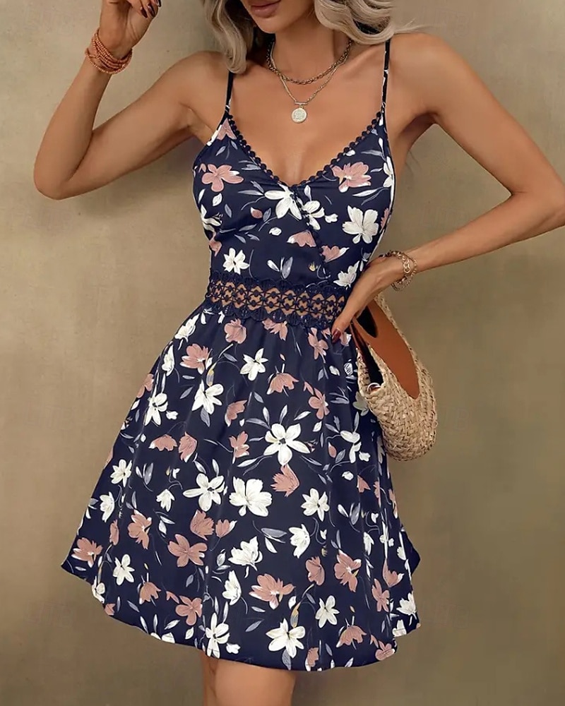 Femmes Mini Robe Robe Fleurie Robe d'été Robe Nuisette Robe Imprimée Classique Moderne Vacances Sortir Week-end Coupe régulière Fleur Sans manches Bretelles spaghetti Noir Bleu de minuit Été de 2025 ? $22.99 –P5