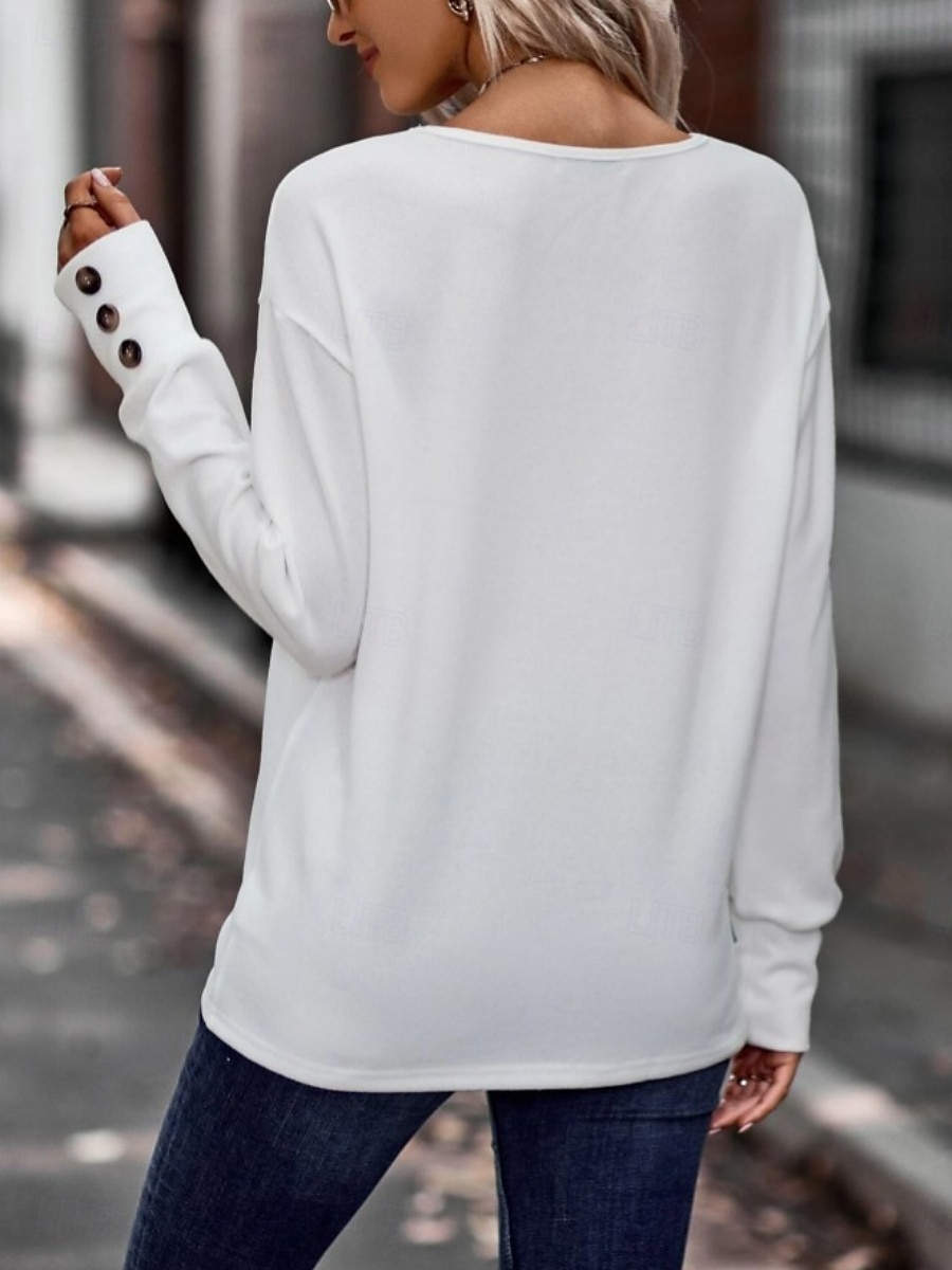 Dame Bluse Helfarge Stilfull Fritid Langermet V-hals Vanlige topper Daglig Knapper Svart Hvit Vin Militærgrønn Navyblå Sommer Vår 2025 - $18.99 –P4