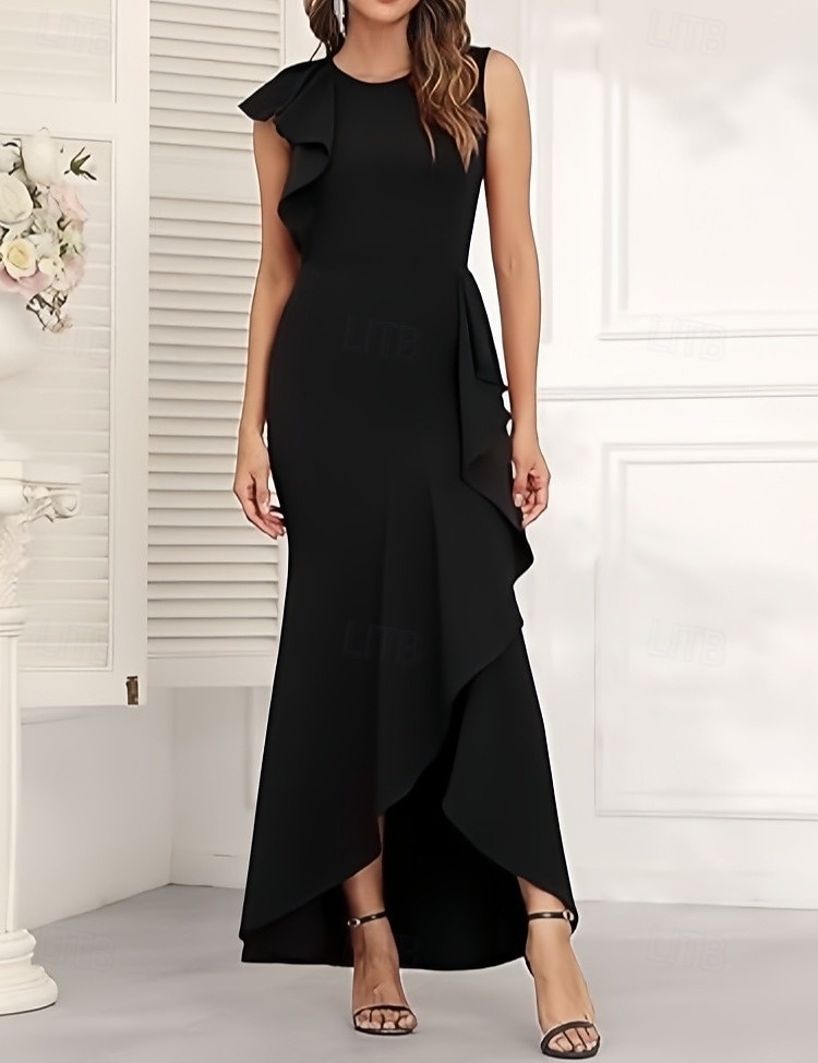 Rochii pentru Invitate de Nuntă A-Line Rochie Elegantă Invitată la Nuntă Logodnă Asimetrică Fără Mâneci Decolteu Rotund Crep Elastic cu Volane și Fendă 2025 - $151.99 –P1