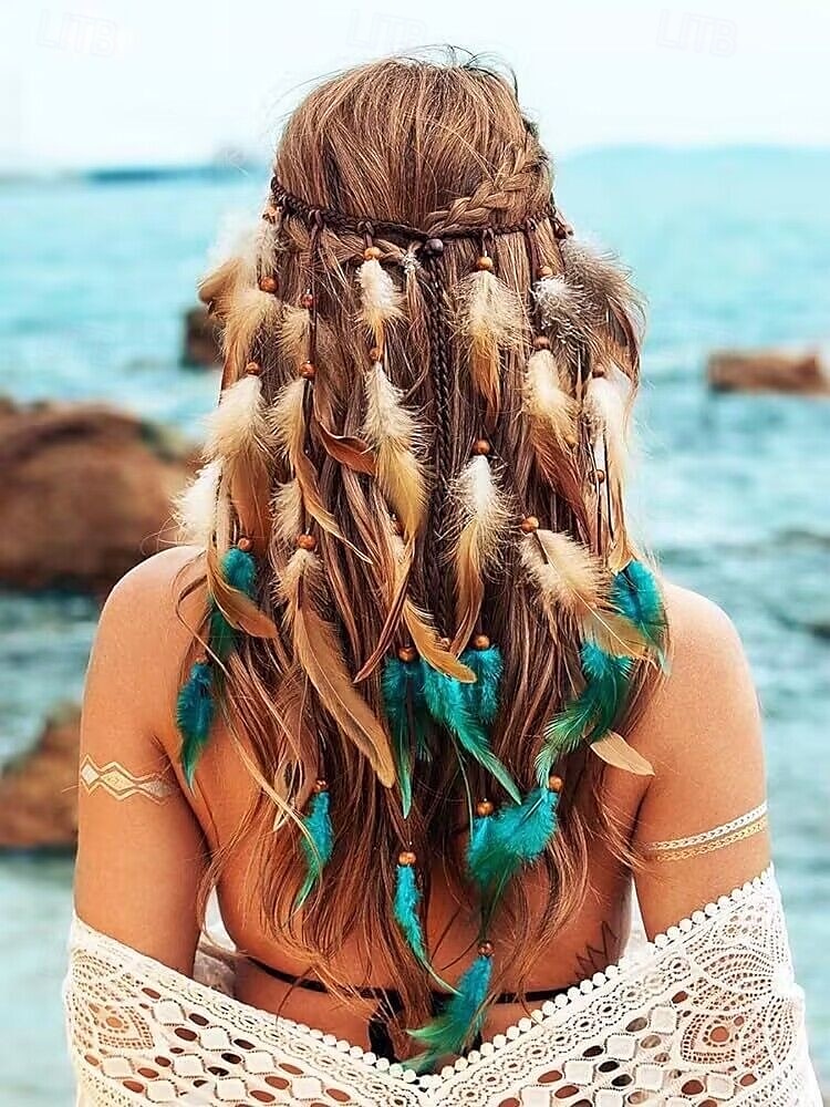 Cerchietto con piume boho, copricapo hippie, copricapo zingaro, costume indiano, accessori per capelli bohémien per donne e ragazze, blu e rosso. del 2025 a $10.99 –P2