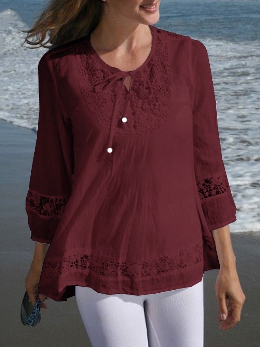 Femmes Chemises en coton et lin Couleur Unie Élégant Occasionnel Manche 3/4 Col en V Hauts Réguliers Quotidien Dentelle Patchwork Noir Blanche Vin bleu marine Été Printemps de 2025 ? $19.99 –P6