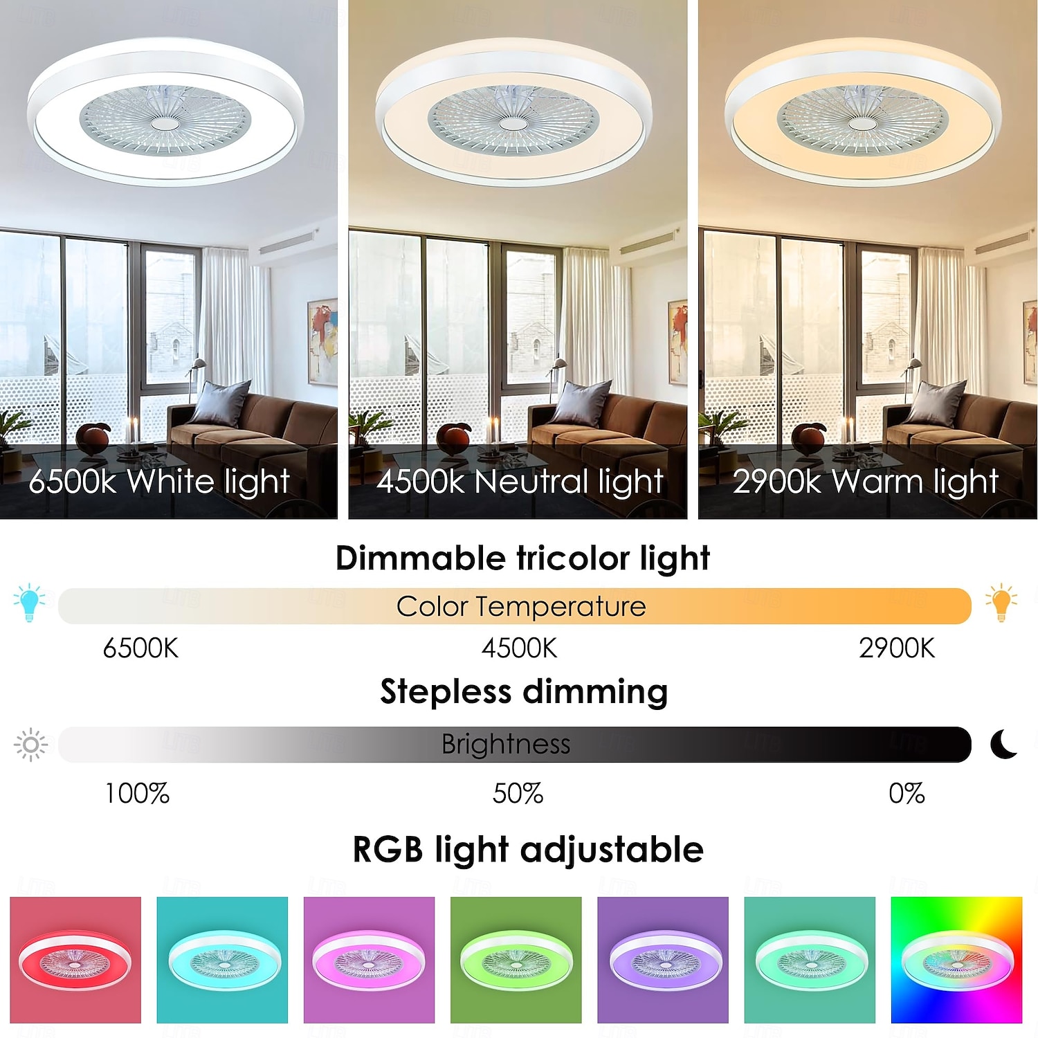 Ventilatore da soffitto senza pale con luce, ventilatore da soffitto a basso profilo, ventilatori da soffitto intelligenti RGB, telecomando Fandelier, lampadario moderno a filo chiuso del 2025 a $302.29 –P5