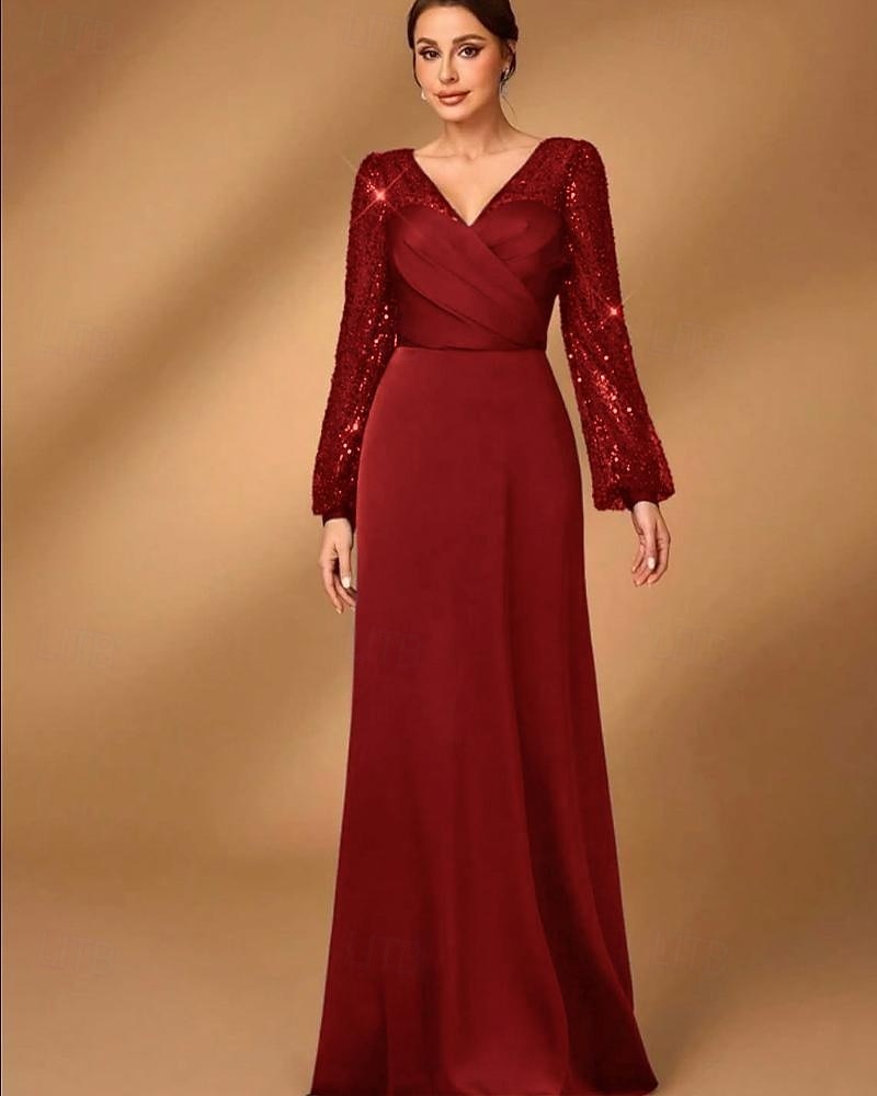 A-Line Mother of the Bride Dress Elegant Simple Minimalist V Neck Floor Length Satin Sequined Long Sleeve with Pleats 2025 - $145.99 –P7