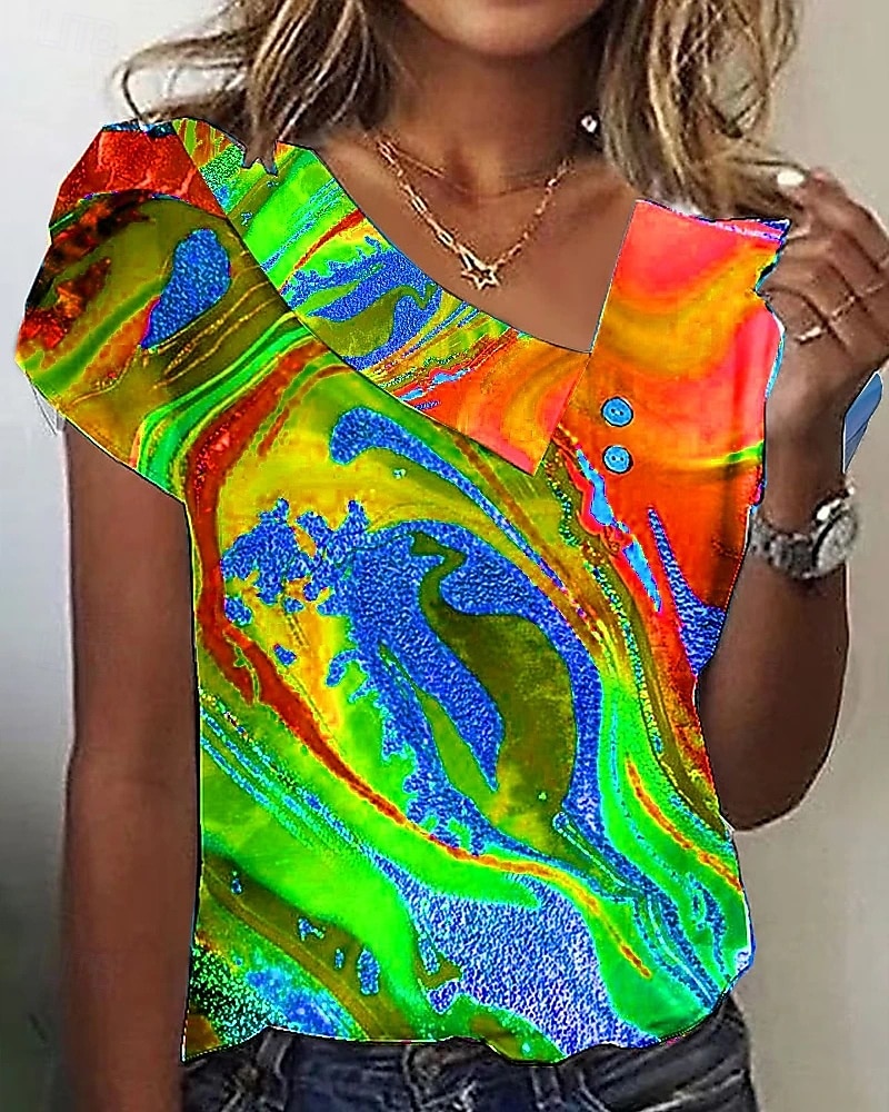 Dame Bluse Grafisk Marmortrykk Elegant Stilfull Fritid Kortermet Asymmetrisk Vanlige topper Daglig Ferie Knapper Lilla Oransje Grønn Sommer 2025 - $17.99 –P1
