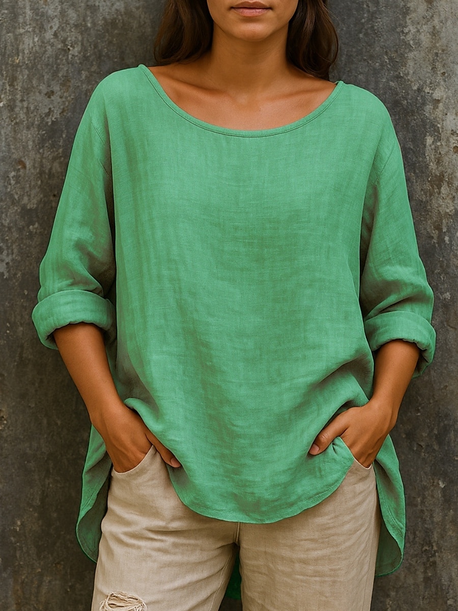 Per donna Camicie di cotone e lino Tinta unica Essenziale Casual Manica Lunga Girocollo Top Regolari Quotidiano Arricciato Rosa Azzurro cielo Verde Cachi Autunno del 2025 a $16.99 –P4