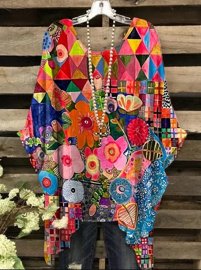 Women's Boho Shirt Floral Graphic Elegant Bohemia Active Short Sleeve Batwing Sleeve Crew Neck Regular Tops Daily Holiday Beach Wear Black White Red Blue Purple Summer Spring 2025 - $22.99 –P2
