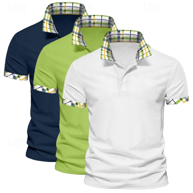 Camisa polo masculina de 3 peças, cor sólida, xadrez, bloco de cores, camisa de golfe, manga curta, lapela, casual, esportiva e ao ar livre, botões, verão, primavera e outono, verde, azul de 2025 por $45.99 –P3